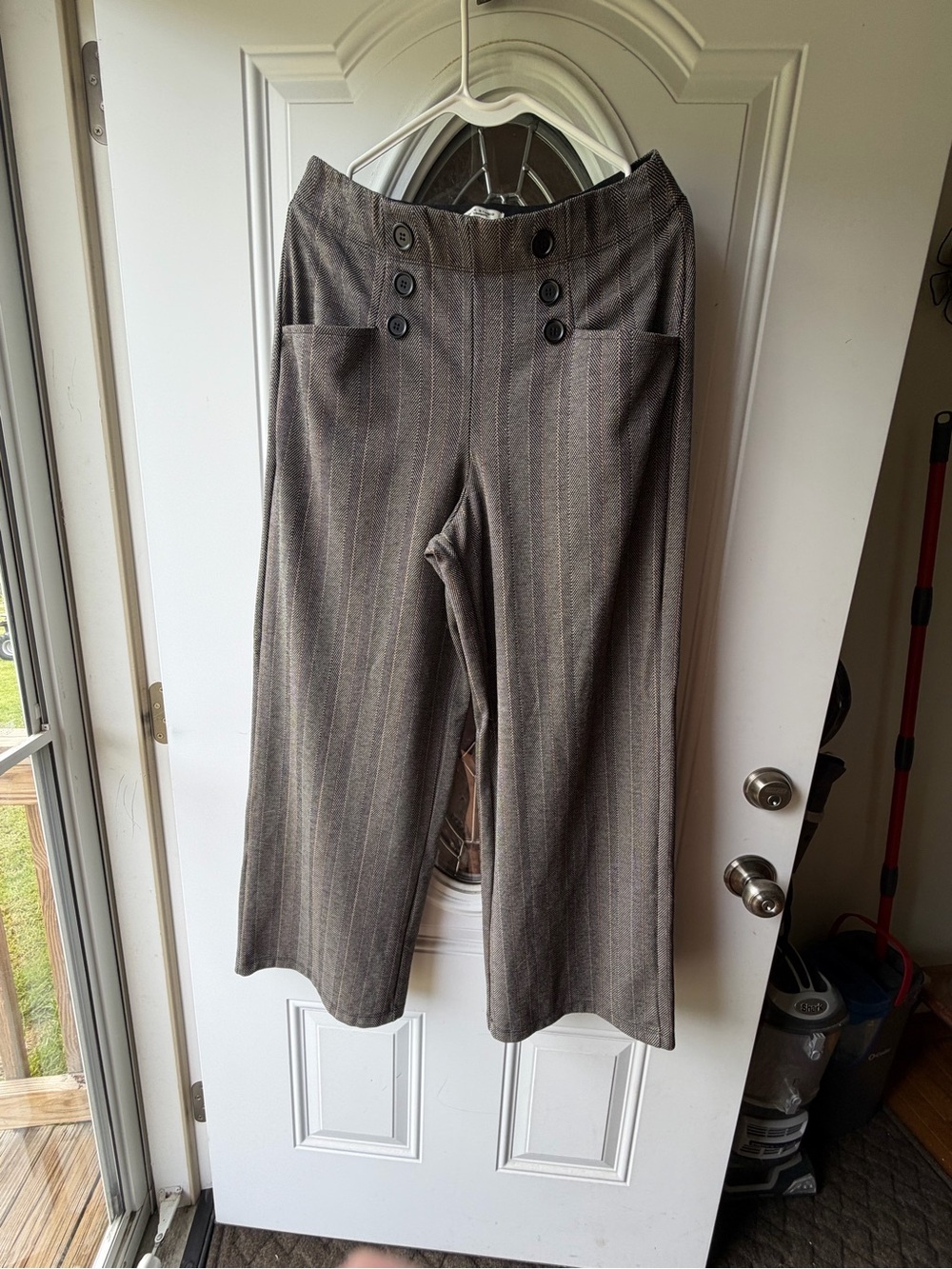 Wide-Leg Pinstripe Dress Pants in Black and Brown Pinstripe